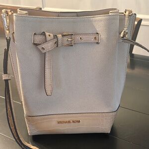 Michael Kors Cream Canvas & Leather Bucket Shoulder Bag with Gold Hardware